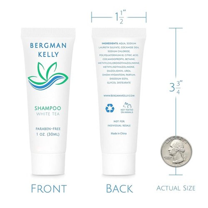 BERGMAN KELLY - Travel Size Hotel Shampoo - 1 fl oz, 200 PK, White Tea - Delight Your Guests with Revitalizing & Refreshing Hair Cleanser for Guest Hospitality - Mini & Small Size Shampoo in Bulk