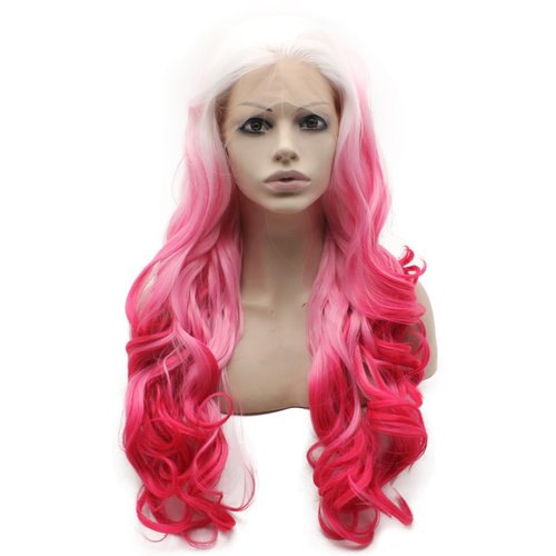 Aurssa Long Wavy Ombre Pink Synthetic Lace Front Wig Half Hand Tied Heat Resistant Fiber Hair Cosplay Wig