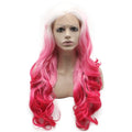 Aurssa Long Wavy Ombre Pink Synthetic Lace Front Wig Half Hand Tied Heat Resistant Fiber Hair Cosplay Wig