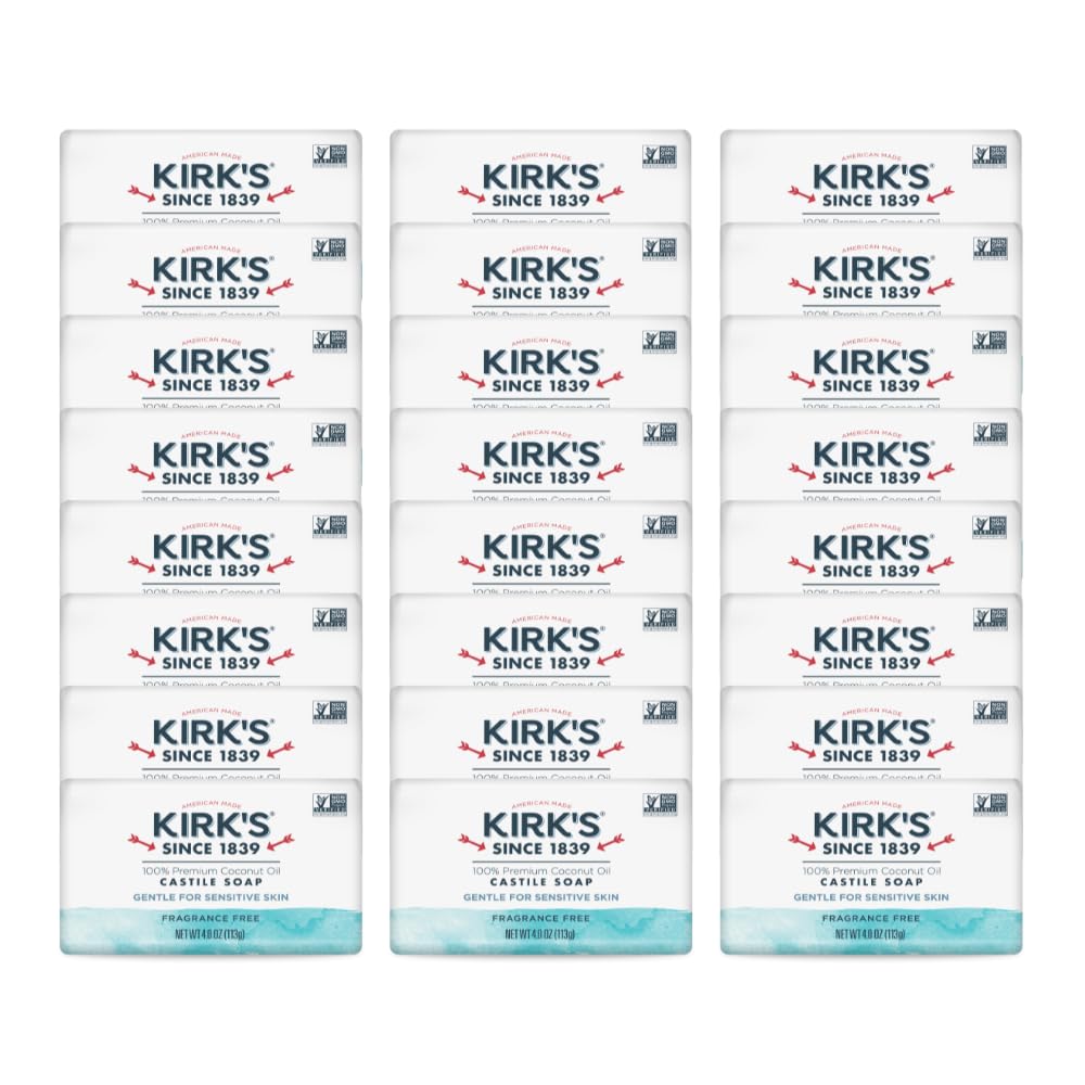 Kirk's Castile Bar Soap for Men, Women & Children - Made with Premium Coconut Oil, Sensitive Skin Formula, Vegan, Non GMO, Fragrance Free, 4 oz. Bars, 24 Pack