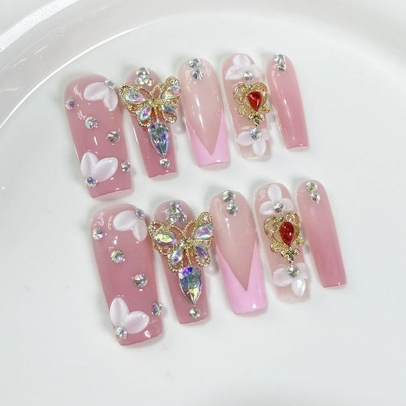 Handmade Press on Nails Flower Press on Nails Pink French False Nail 3D Rhinestones Butterfly Designs Long Coffin Fake Nails Full Cover False Nail Acrylic Nails for Women Art Manicure (Size M)