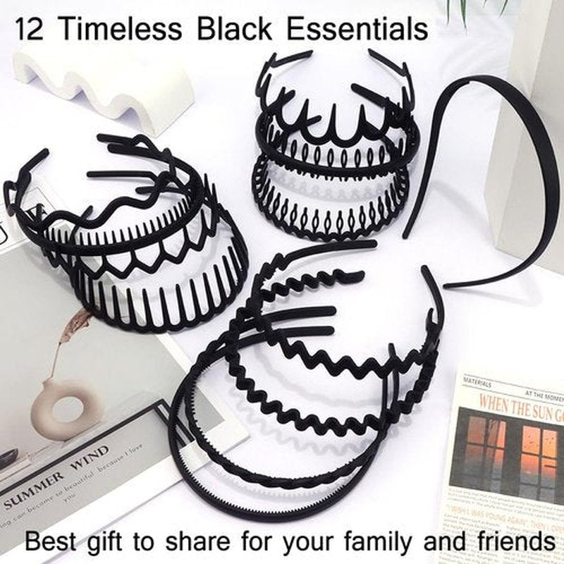 TOBATOBA 12Pcs Black Headbands for Women with Teeth Plastic Head Bands for Women's Hair Non Slip Comb Skinny Zig Zag Headbands Fashion Hair Accessories for Women Men Teen Girls