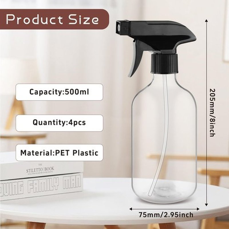 Skiennix 500ml Clear Boston Round Spray Bottles - Adjustable Nozzle for Cleaning, Hair Care & Gardening | 4-Pack