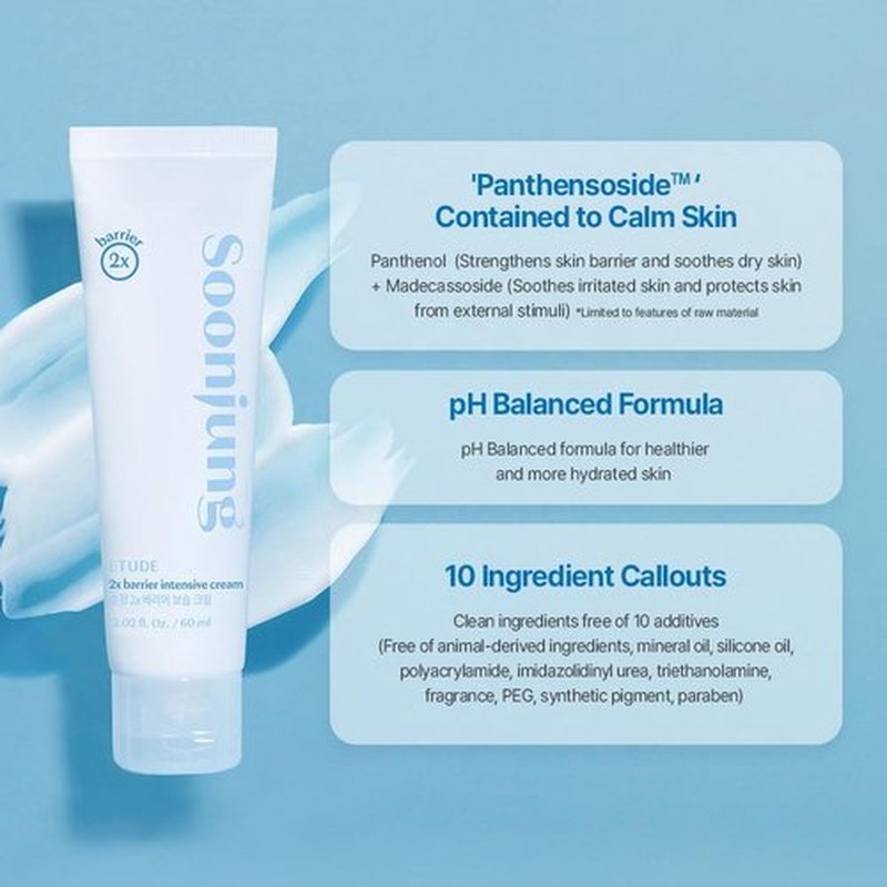 ETUDE SoonJung 2x Barrier Intensive Cream - Light Texture Vegan Face Moisturizer for Sensitive Skin (2.02 fl oz)