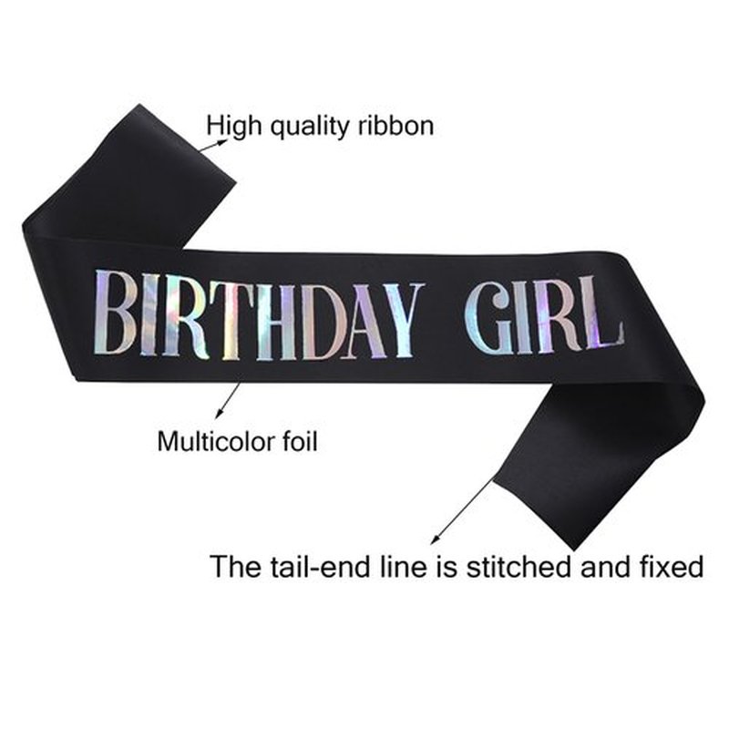 MGJSRNH Birthday Party Gift for Girls,Black Satin Silver Multicolour Iridescence Glitter Sash Decorations Supplies,Rhinestone Crowns Birthday Girl Headband for Women