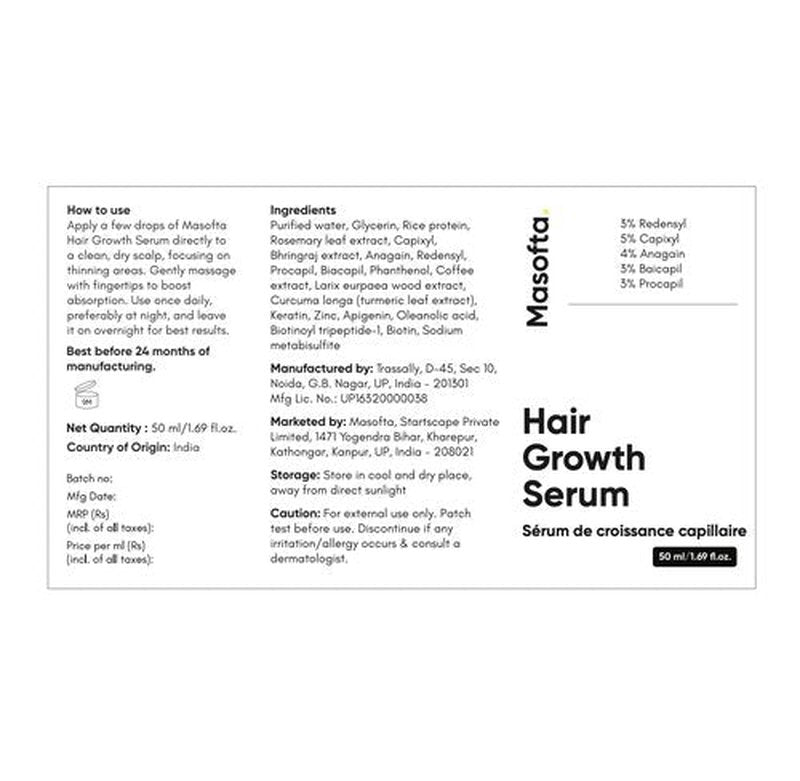 Masofta Hair Growth Serum For Promoting Hair Growth & Controlling Hair Fall With 3% Redensyl, 5% Capixyl, 4% Anagain, 3% Procapil & Rosemary & Biotin, For Both Men & Women, 50 ml (Pack of 1) White