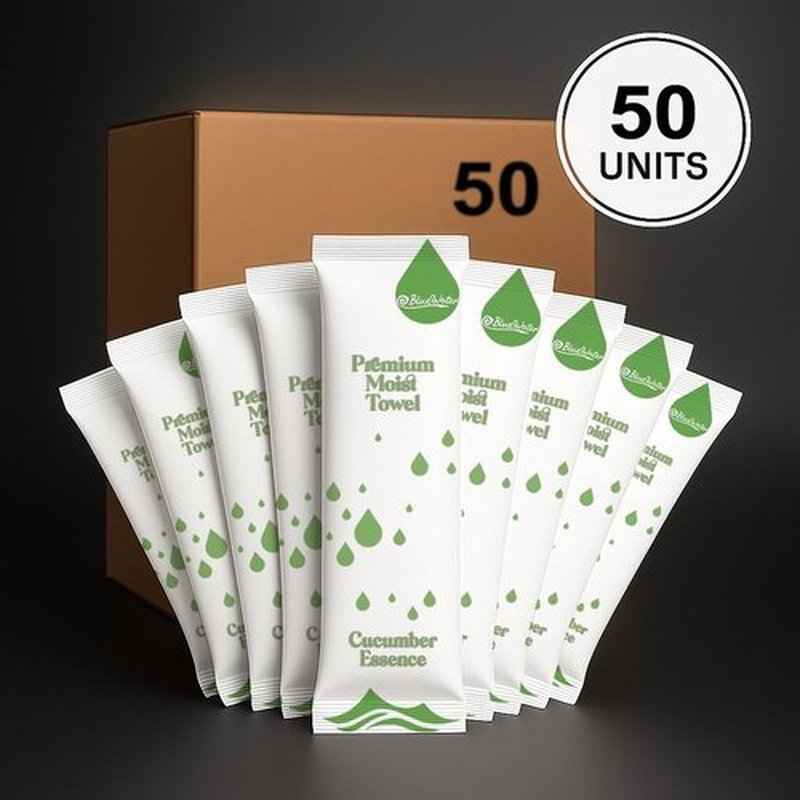 BlueWater (50-Pack) Individually-Wrapped Moist Scented Towels - Single-Use Premium Body Wipes (12x12, Cucumber)