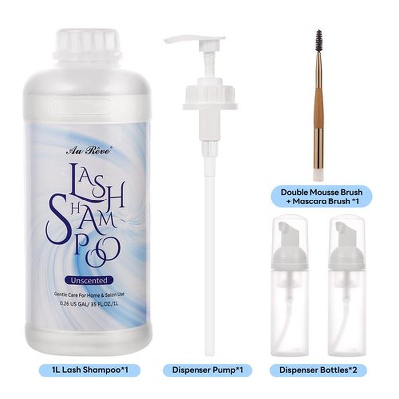 AuReve Lash Shampoo for Lash Extensions 1L/35fl.oz Eyelash Extension Cleanser Lash Cleaning Kit, Gentle Foaming Eyelash Shampoo with Brush and Wash Bottle for Salon Home Care Unscented