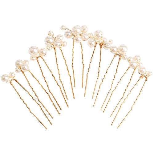Sppry U Shaped Pearl Wedding Hair Pins for Bridal Women, Set of 9 (Gold)