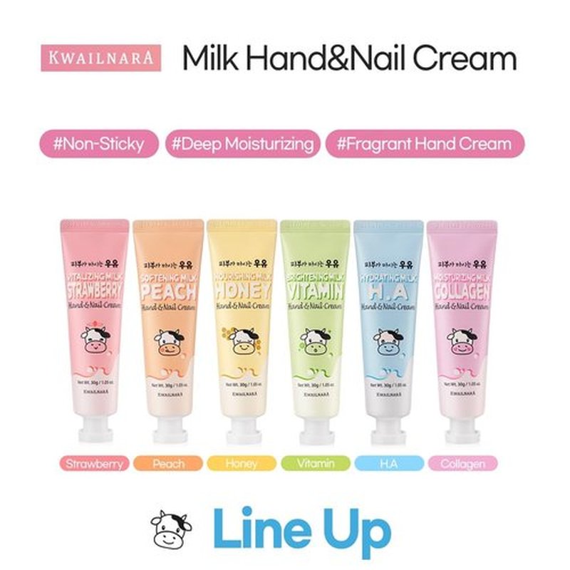 KWAILNARA Milk Hand & Nail Cream Gift Set - Nourishing K-Beauty Variety Pack | 6 Scents: Strawberry, Peach, Honey, Vitamin, Hyaluronic & Collagen