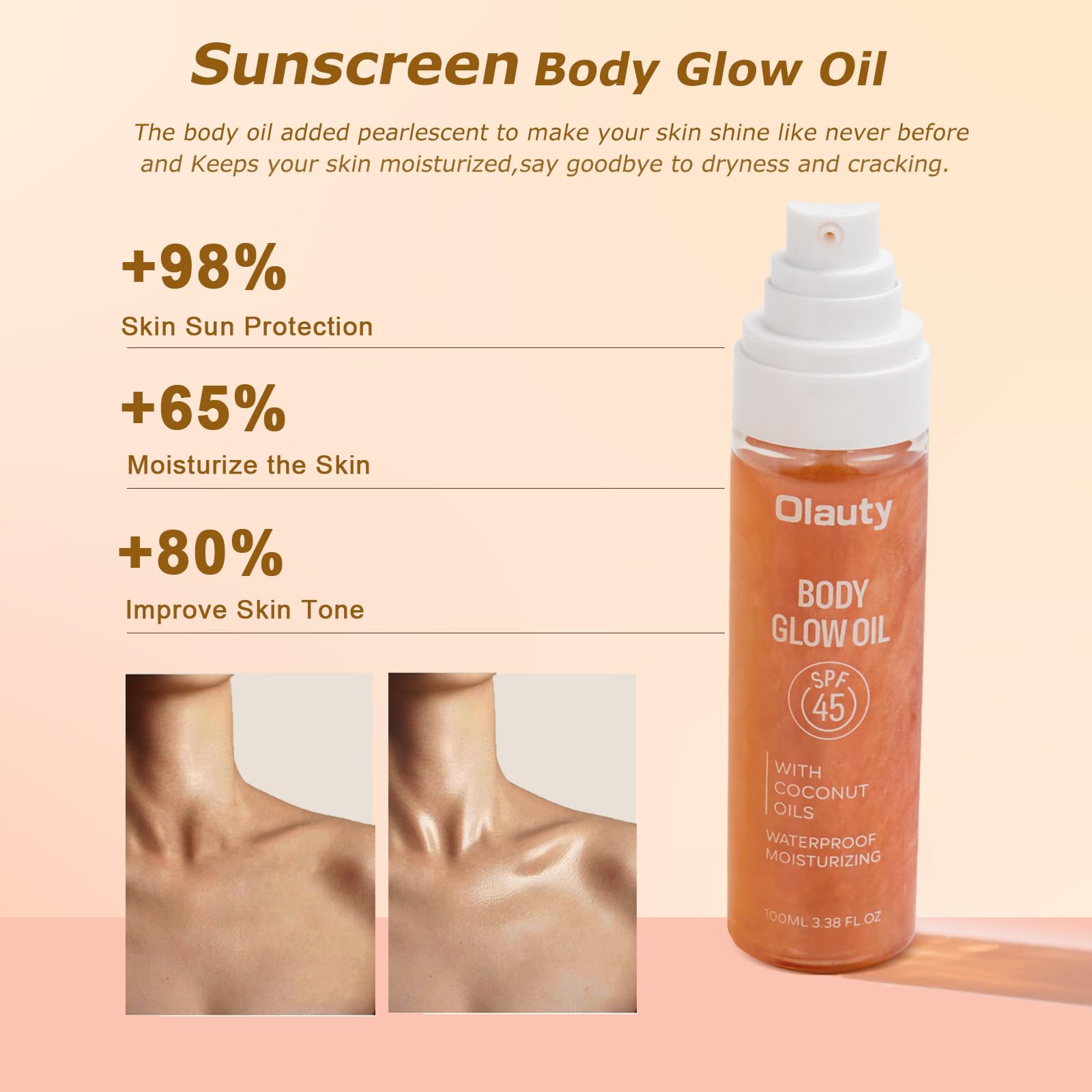 Body Glow Oil,SPF 45,Sunscreen Body Oil,Lightweight Glowing Lotion,Moisturizing Coconut Oils,Waterproof Non Sticky Texture Easy Absorb Shimmer Skin Moisturizer Beach Travel Essentials (#02 Rose)