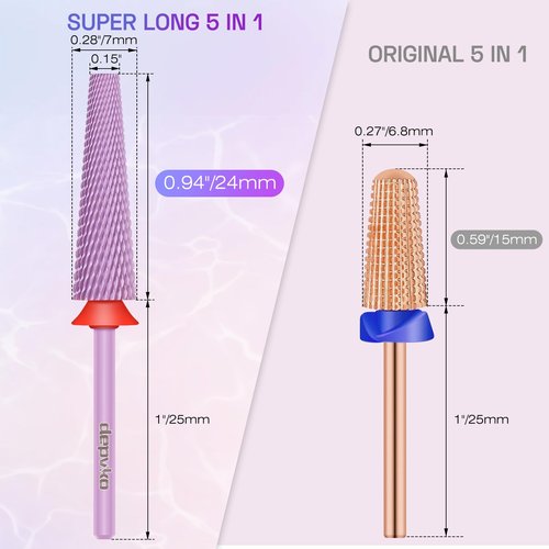 Depvko Super Long 5 in 1 Nail Drill Bits,Carbide Nail Drill Bit,3/32" Two Way Rotate Professional Drill Bit Nails,Nail Bits Fast Remove Acrylic or Gel for Manicure,Pedicure,Nail Art (Fine-F, Purple)