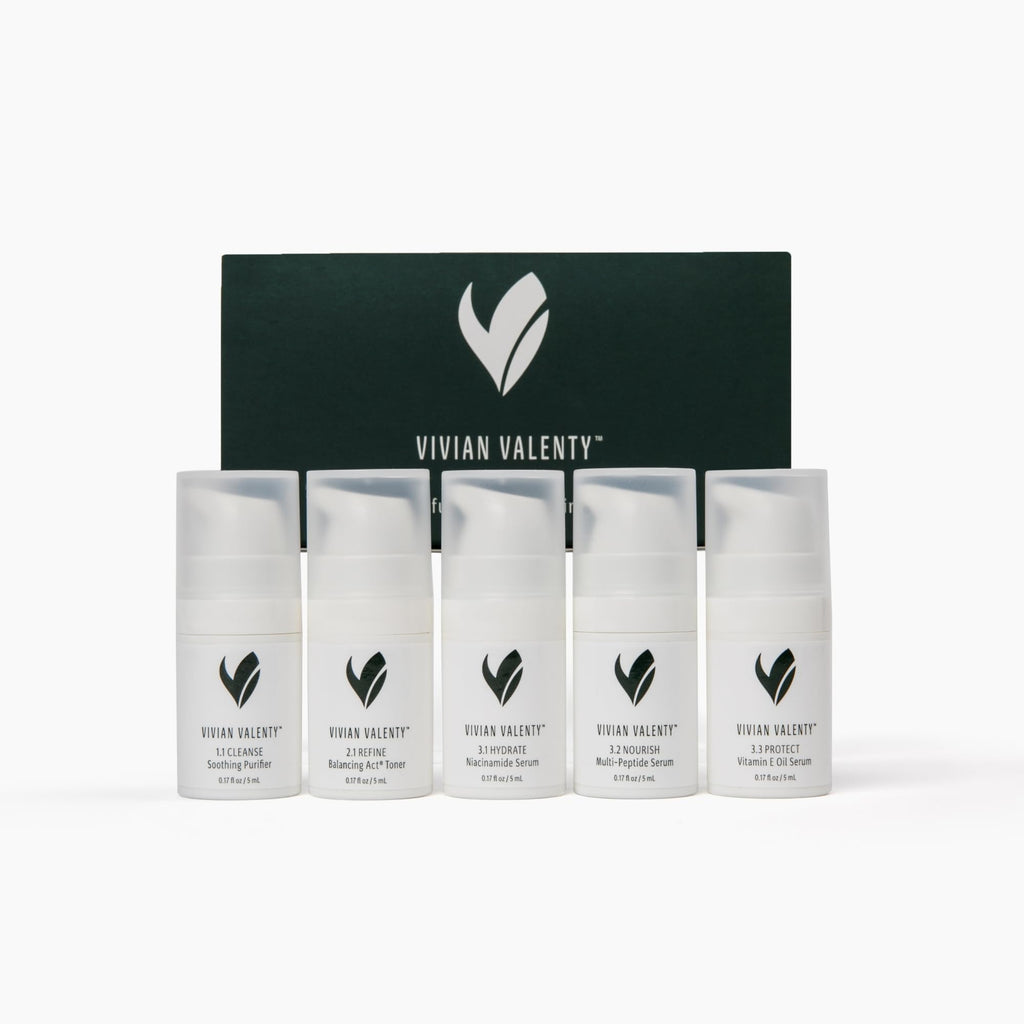 Vivian Valenty Skincare Skincare Kit – Cleanse, Refine, Hydrate & Protect System with Serums, Toner & Face Oil (5-Piece Travel Size Set)