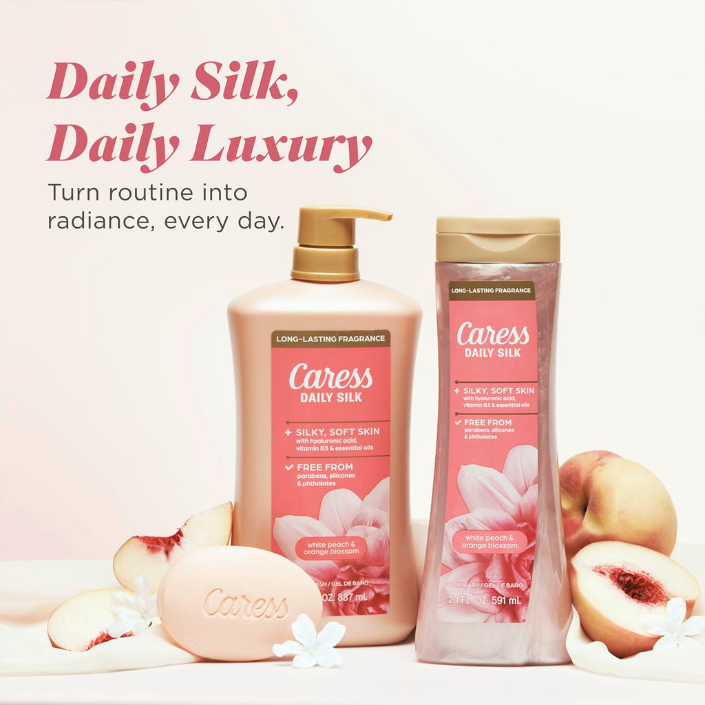 Caress Body Wash, Daily Silk Full-Size + Travel-Size – Bath & Shower Essentials for Soft, Silky Skin, Iconic White Peach & Orange Blossom Scent