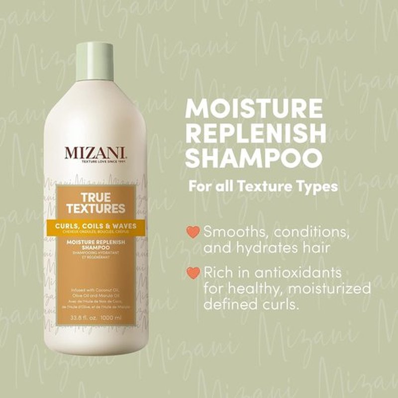 MIZANI True Textures Moisture Replenish Shampoo - Hydrating Formula for Curly Hair with Coconut Oil, Sulfate-Free
