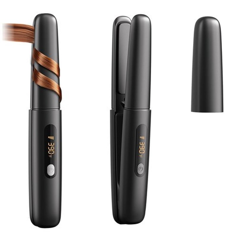 Cordless Hair Straightener Curler 2 in 1 Ceramic Flat Iron Mini Portable Fast Heating 30s 4500mAh Battery 4 Temp Adjustments LCD Display USB Rechargeable for Women Men with Pouch (Black)