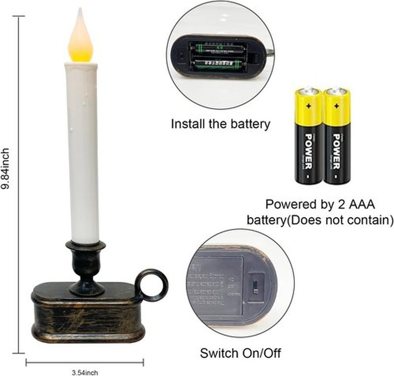 Skiennix 4 Pack Window Candles - Battery Operated LED Flameless Taper Candles for Christmas Decor | Bronze Base