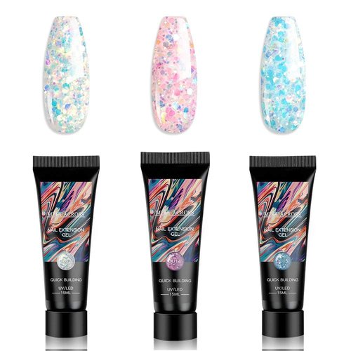 Glitter Poly Nail Extension Gel Kit, 3 Colors Silver Pink Blue Quick Building Builder for Nails Art Salon at Home, Quick Building Nail Extensions Gel