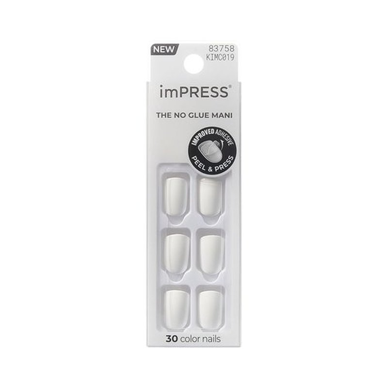 KISS imPRESS Press-On Nails - No Glue, Frosting White, Short Squoval Shape | 30 Nails + Accessories
