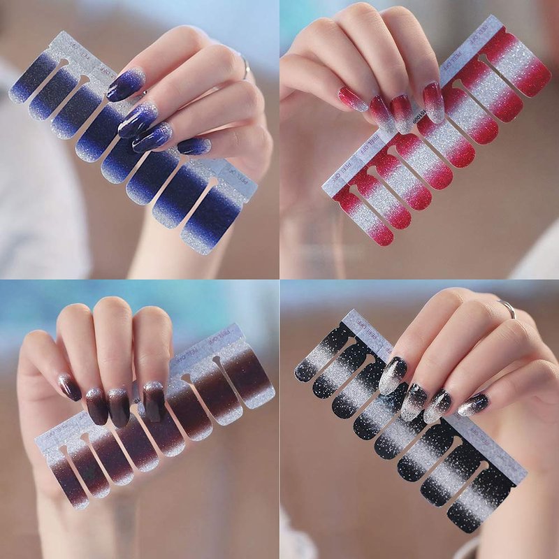 WOKOTO 16 Sheets Gradient Adhesive Nail Polish Decals Strips with 1Pc Nail File Glitter Nail Art Stickers Wraps Manicure Accessories