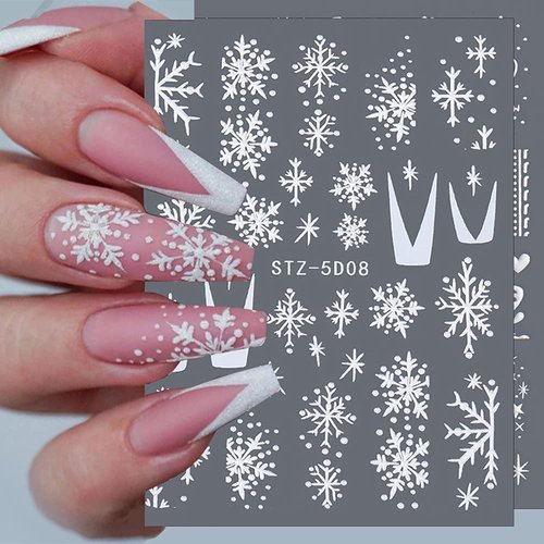 CHARMARK Snowflake Nail Art Stickers, 4 Sheets (White, Snowflake Pattern, Matte Finish, 5D Embossed, Romantic & Classic Style, Plastic Material, Indoor Use, Winter Theme)