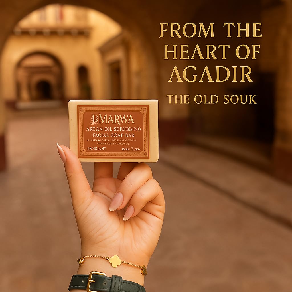 Dar Marwa Organic Vegan Argan Oil Exfoliating Soap - Handmade Face & Body Bar with Antioxidant Botanicals, Rhassoul Clay & Argan Scrub, 3.5oz