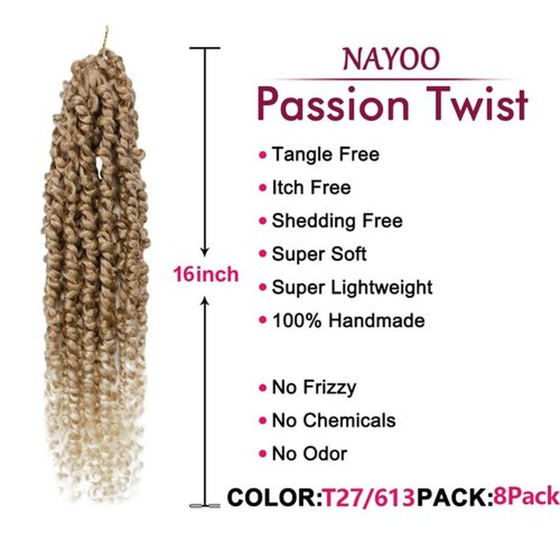 NAYOO Passion Twist Hair - 8 Packs 16 Inch Passion Twist Crochet Hair For Women, Crochet Pretwisted Curly Hair Passion Twists Synthetic Braiding Hair Extensions (16 Inch 8 Packs, T27/613)