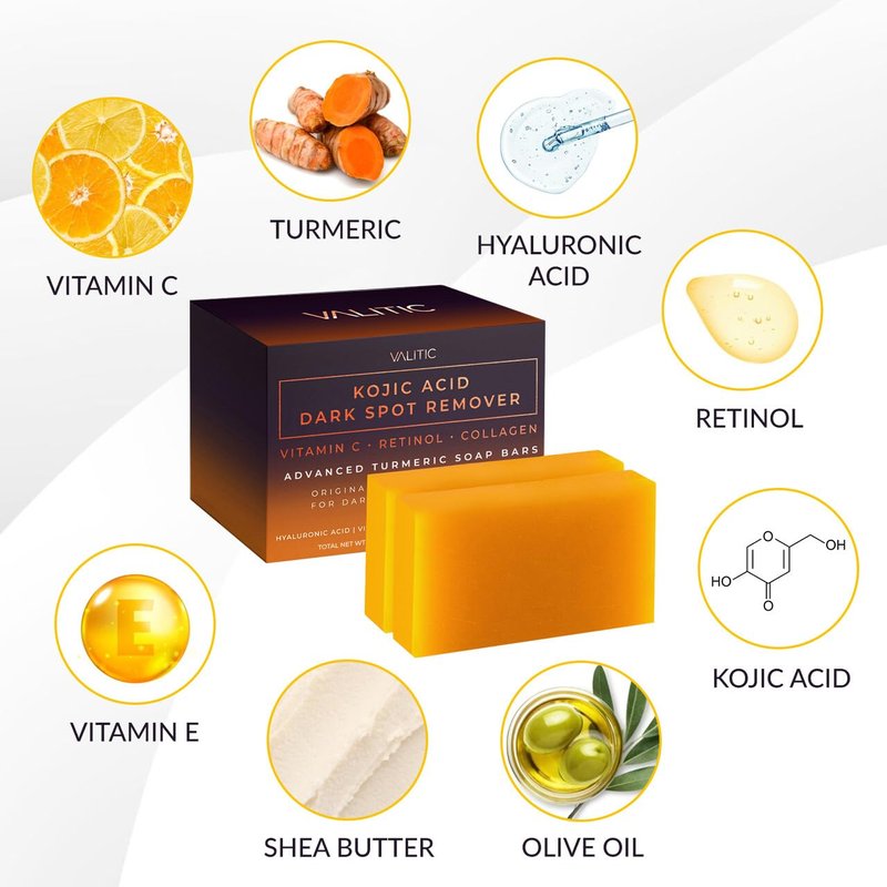 VALITIC Kojic Acid Dark Spot Remover Soap Bars - Infused with Vitamin C, Retinol & Turmeric | 2 Pack