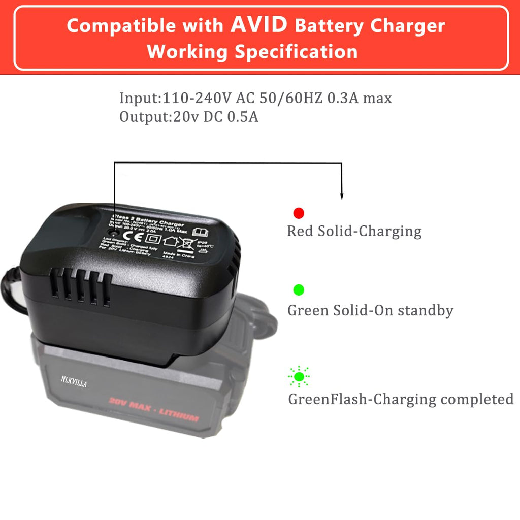 20V Max for AVID Power Fast Lithium Ion Battery Charger LED Indicator Light Can be Used for 20V Battery 2207EB Not 3A