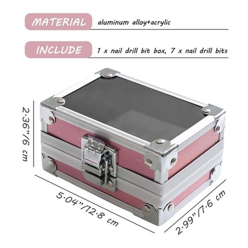 OLizee® 50 Holes Nail Drill Bits Holder with 7 Drill Bits Metal Nail Drill Tool Box Pink Nail Drill Bits Case Nail Drill Bits Organizer for Women Girls