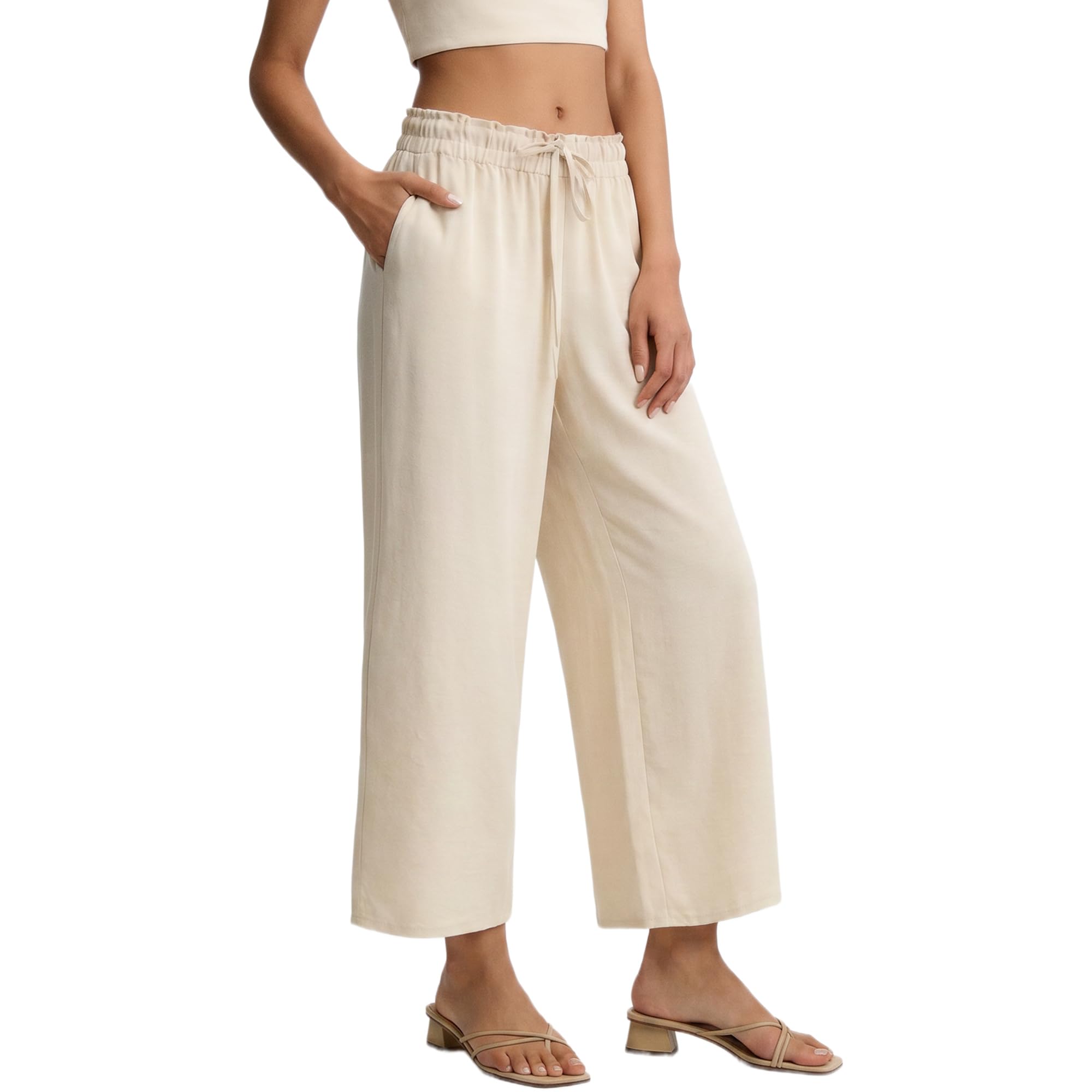 DIGIMAP Womens Cropped Casual Pants Wide Leg Palazzo Pants Elastic Waisted Flowy Trousers with Pockets Beige