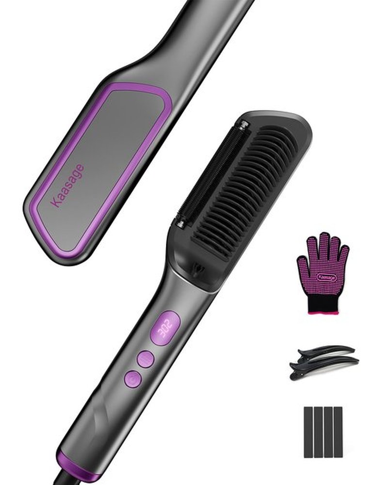 Hair Straightening Brush Hot Oil 9 Temp Ionic Hair Straightener Comb with LED Display, Fast Heating PTC Tech & Heat Shield, Auto Shut-Off Kaasage 2-in-1