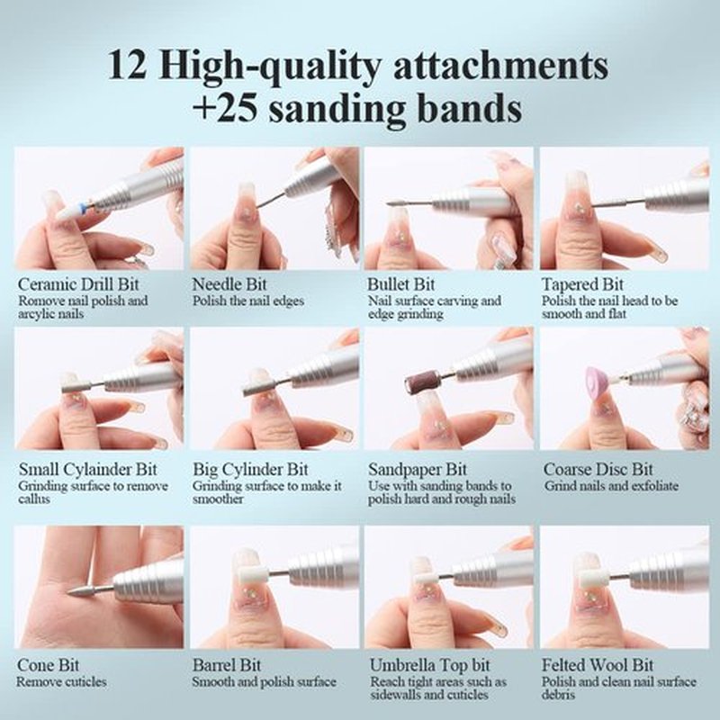 Electric Nail Drill Cordless, TOUCHBeauty Electric Nail File Machine Professional 12 in 1 for Acrylic Gel Nails, Manicure Pedicure Kit for Polishing Rechargeable (Silver)