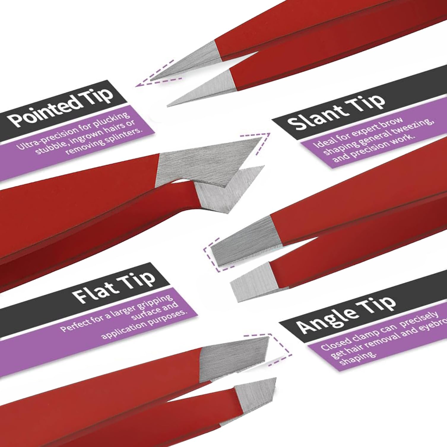 PromaxCare Tweezers Set - Professional Stainless Steel Tweezers for Eyebrows - Great Precision for Facial Hair, Splinter and Ingrown Hair Removal (Red)