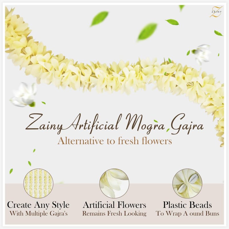 ZAINY 6 Pack Mogra Gajra for Hair Indian Bun, Artificial Fabric Jasmine Flowers Hairbun, White Hair Flowers for Women, Reusable Traditional Veni, Hair Accessories Gajra Bracelet, Juda and Wedding