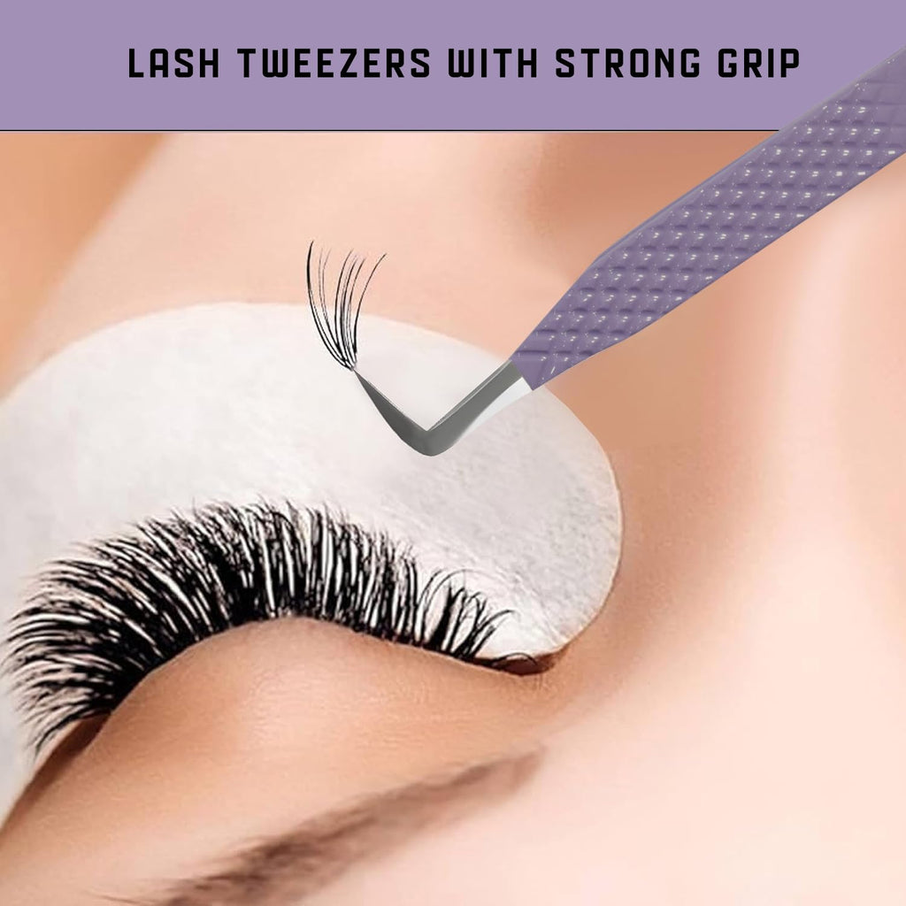MK Queens Lash Tweezers - Stainless Steel Fiber Tip Eyelash Tweezers (Set of 4) - Diamond Grip Professional Lash Tweezers for Eyelash Extensions (Purple)