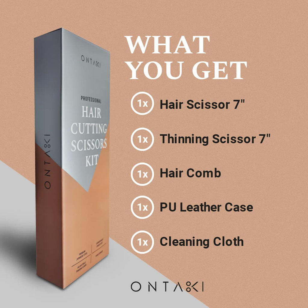 Ontaki Hair Scissors & Thinning Shears Kit - 7 in, Silver, Japanese Steel - Precision Hair Cutting Scissors - Ergonomic Comfort Grip with Thinning Shear - Includes Styling Comb & Pouch