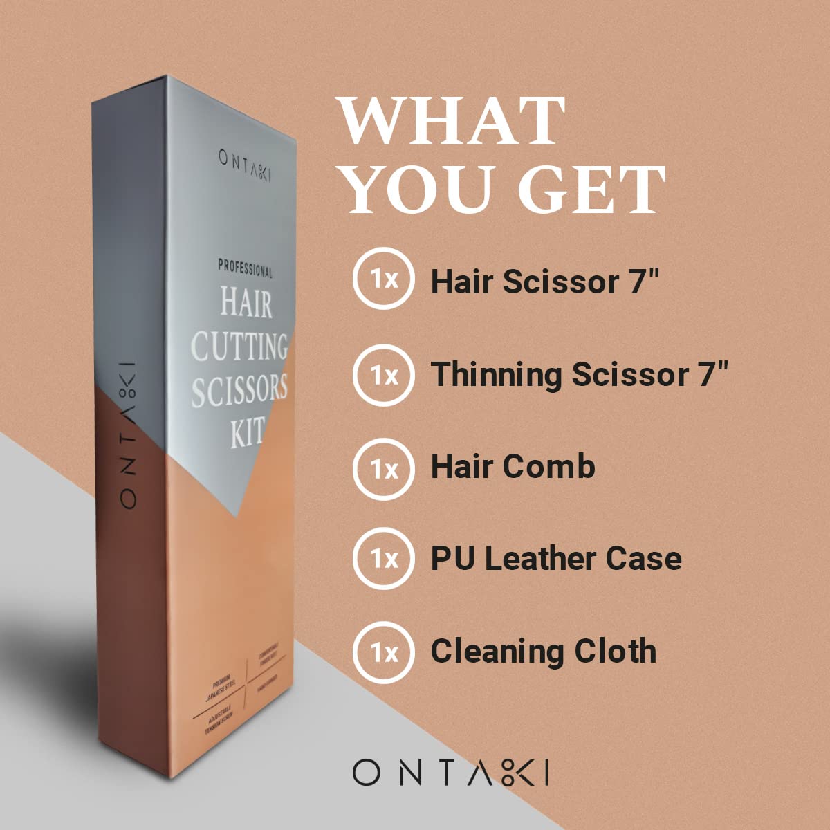Ontaki Hair Scissors & Thinning Shears Kit - 7 in, Silver, Japanese Steel - Precision Hair Cutting Scissors - Ergonomic Comfort Grip with Thinning Shear - Includes Styling Comb & Pouch