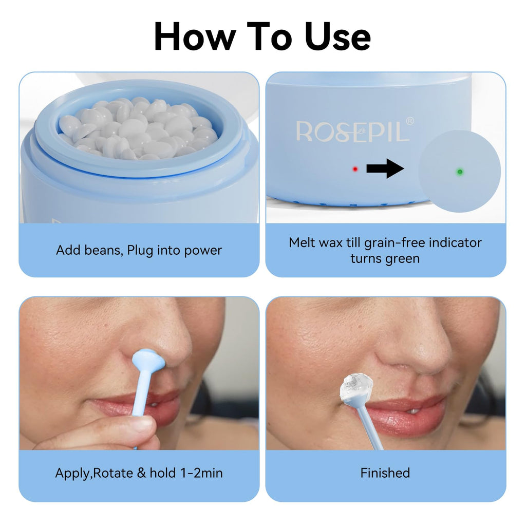 Rosepil Nose Ear Eyebrow Upper Lip Waxing Kit for Men & Women - 50g Wax, 6 Sticks, 6 Nose Applicators, Portable Wax Warmer with Smart Temp Control & Red/Green Light Guidance, Multi-Use Home & Travel