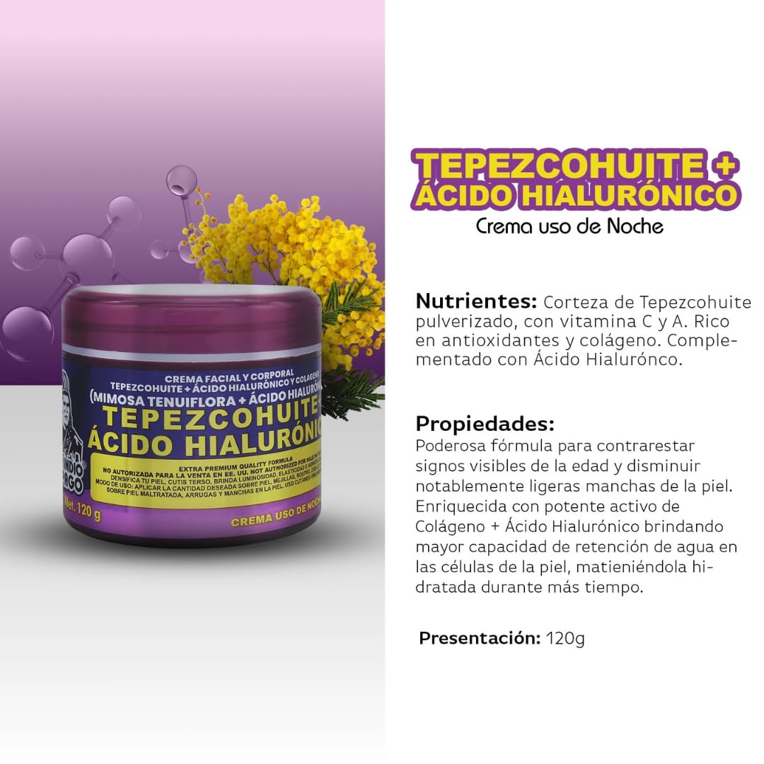 Del Indio Pápago Tepezcohuite + Hyaluronic Acid Facial Cream Duo – Day & Night Use, Hydrating & Nourishing Formula with Mimosa Tenuiflora, 120g Each (JUMBO 2 Pack)