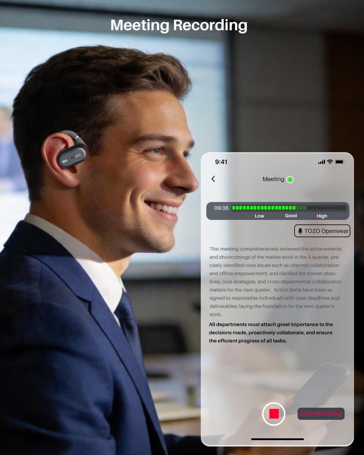 TOZO OpenWear Open Ear Earbuds, AI Translation Earbuds Real Time 145+ Languages, 60H Translator Ear Buds Audifonos Traductores Inglés Español, Bluetooth Headphones 5.4 with Smart Display for Office