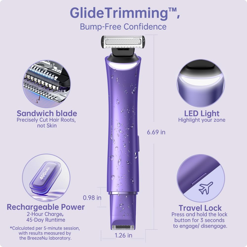 BreezeNu Bikini Trimmer for Women, 2-in-1 Painless Electric Razor with Dual Heads, IPX7 Waterproof Cordless Body & Facial Shaver for Pubic Hair, Underarms, Legs & Face, Wet & Dry (Purple)