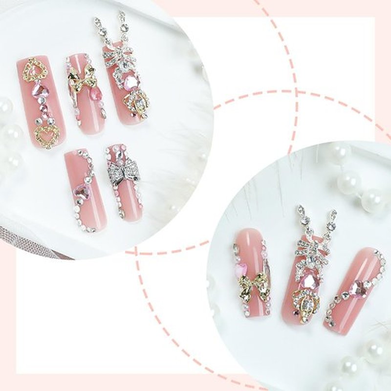 FIEONCIY Press on Nails Long Coffin Shaped Acrylic Glossy Full Cover Long Square French False Nails with Designs Artificial Extra Long Fake Nails with Charms Glue ons Fingernails for Women(XL10518)