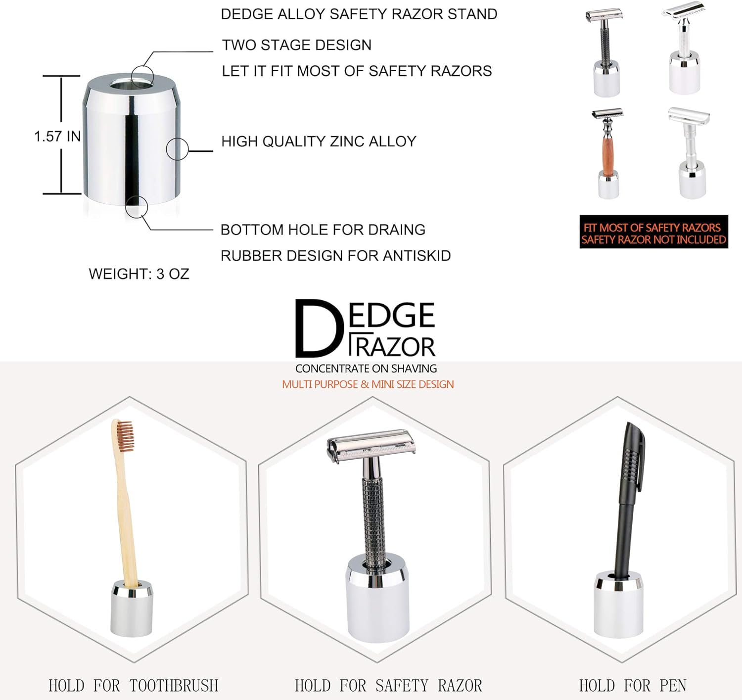 DEDGE Safety Razor Alloy Stand-Razor Holder Stand-Double Edge Safety Razor Stand-Shaver Holder For Bathroom Accessory-Opening dimension is 1.7cm/0.67"