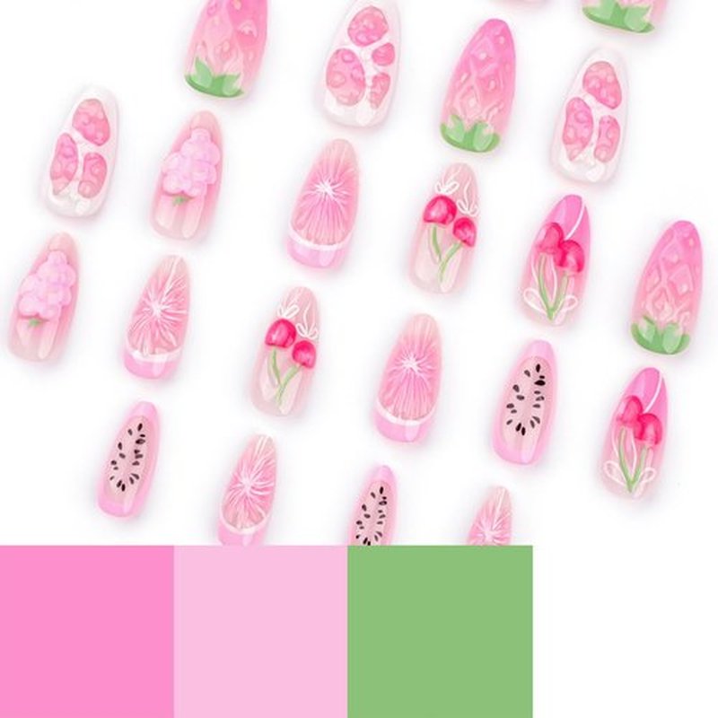 Handmade Press on Nails Pink Fake Nails with Cherry Oranges Strawberry 3D Designs 24 Pcs Medium Almonds Reusable Acrylic Nail Full Cover Stick on Nail for Summer Women No Glue WYFHDT