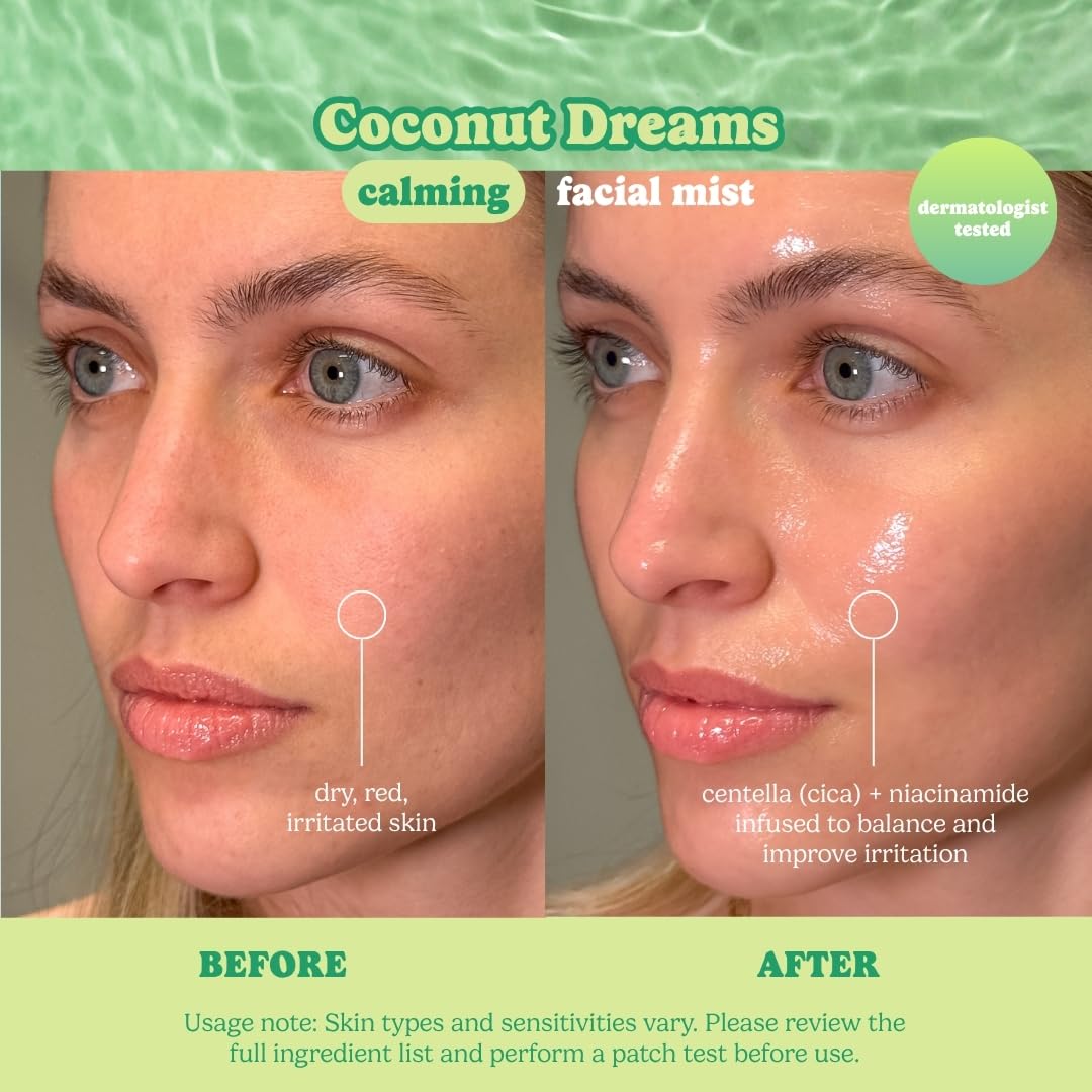 ESW Beauty Coconut Dreams Facial Mist - Hydrating Centella Face Mist - Makeup Primer & Setting Spray - Unscented Face Toner for Sensitive Skin with Coconut Water, Cucumber & Aloe 3.4oz