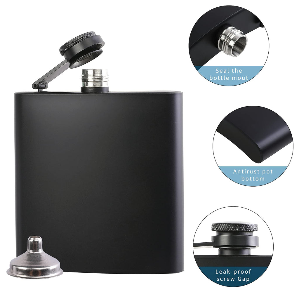 10 pcs Hip Flask for Liquor Black 6oz Stainless Steel Leakproof with 10 pcs Funnel for Gift, Camping, Wedding Party, Groomsmen Gifts