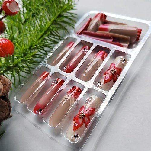 24 Pcs Handmade Press on Nails Long Square Nail Tips,YEFIUO Red Ombre French Acrylic Fake Nails Press ons 3D Pearl Nail Charms Design Glue on Nails Full Cover Reusable False Nails Art Kit for Ma'am