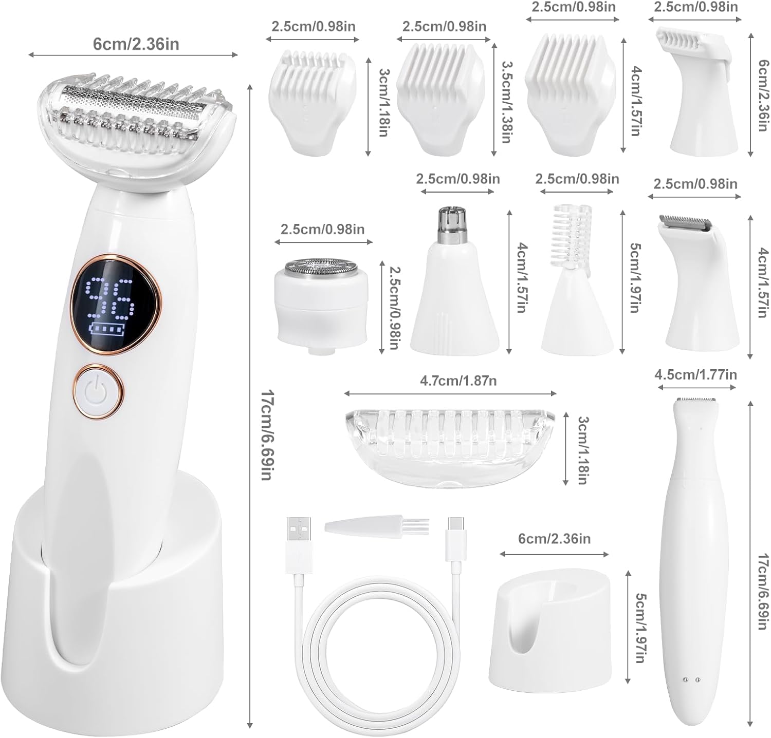 Carehabi 5-in-1 Intimate Shaver for Women, Electric Shaver, IPX7 Waterproof, USB Charging Station, Trimmer for Face, Eyebrows, Body, Bikini Zone