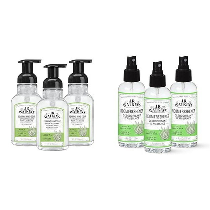 J.R. Watkins Bundle Aloe & Green Tea Foaming Hand Soap 9 fl oz 3 Pack + Aloe & Green Tea Room Freshener 4 fl oz 3 Pack